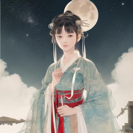 masterpiece,  {{ultra-detailed}},traditional_media, best quality, letterboxed,realistic, colorful,extremely detailed CG unity 8k wallpaper,looking at viewer, star sky,(bridge,  moon,  cloud, ) ,1girl,robe, hanfu, ribbon,long sleeves, cloud,realistic, headdress, <lora:xiyouchahua2:0.4:1,1,1,1,1,0,0.2,0,0.8,1,1,0.2,0,0,0,0,0>,