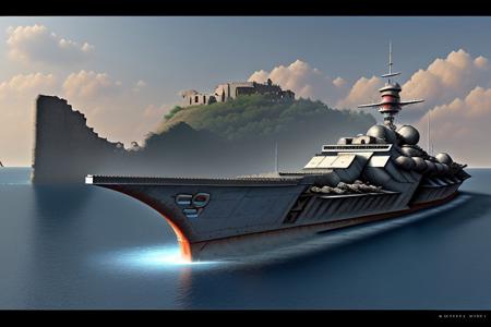 a space pirate battleship among the ruins of an advanced, futuristic city