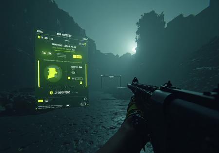 Cinematic scene, futuristic mix world war, action cam, realistic dim lighting. HUD vision view, Light Yellow mix green vision view, battle info screen, Life parameters, signal monitoring.
Foreground: handing gun.
Background: battleruins city, detroyed city, trench warfare, iron mesh, battle bunker. Thermal light enemies, wwi uniform.