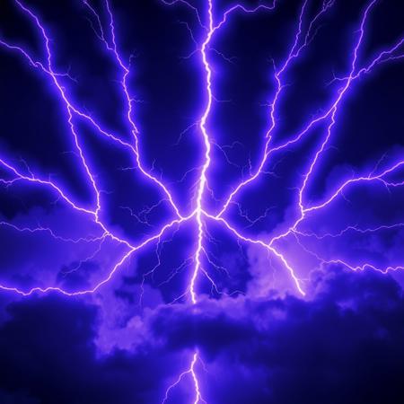 a neon purple glowing lightning fractal pattern shoots across a dark cloudy sky