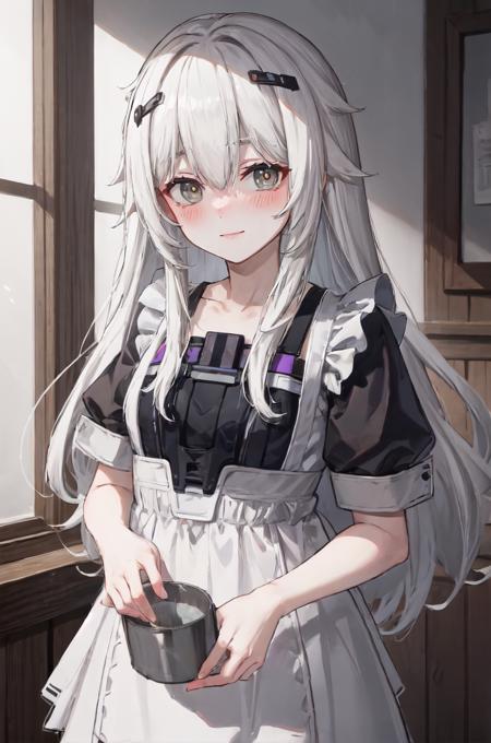 white hair, long hair, grey eyes, 
maid, blush, light smile
 <lora:21-31(3):1>