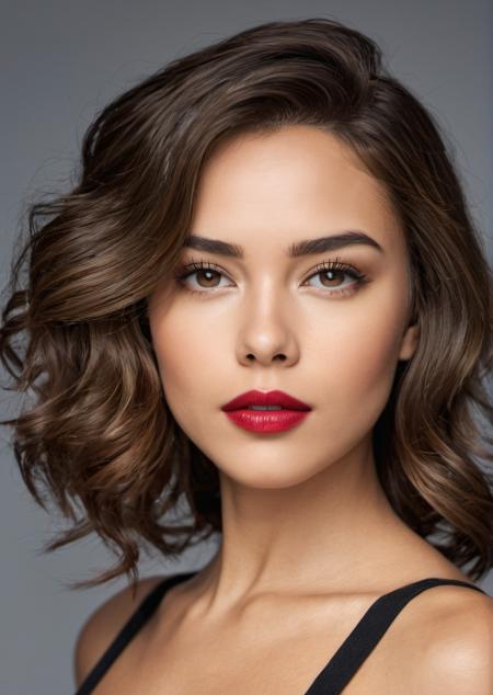 (Close-up photo:1.5) of woman's face, (from front:1.5),  camera is positioned at just the right angle to emphasize the captivating gaze and the intensity of her expression, focusing primarily on her eyes, mouth, and lips, 29 years old, woman, Canadian, almond-shaped eyes displaying a mix of mystery and intrigue, eyebrows are well-groomed, accentuating her expressive eyes,mesmerizing shade of brown, flecked with gold hues <lora:DetailedEyes_V3:0>, nose is slightly aquiline,full luscious lips are the focal point of her face, bold red lipstick, subtle prominent cheekbones,heart-like face shape,delicate jawline, smooth complexion, flawless and radiant skin, even skin tone, realistic skin details, luscious hair with glossy locks, strands are styled in loose, tousled curls, hair texture is voluminous yet lightweight, detailed face, detailed feet, detailed skin,expression hints at a sense of playfulness and a secret desire, sense of intimacy, (hyperrealism, soft light, sharp), Cannon EOS 5D Mark III,85mm lens,  f/1.4, clean backdrop, film grain, smooth, sharp focus, high resolution, award winning photo, masterpiece, intricate detail, octane render, cinematic shot, realistic lighting, sharp focus, rule of thirds, cinematic lighting, soft sunlight, detailed shadows, realistic shadows, <lora:LowRA:0.4>,  <lora:add_detail:0.5>