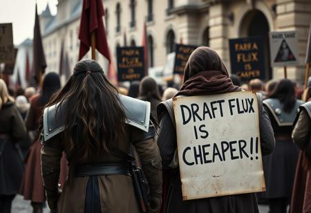 A photograph of HAPPY  Yennefer of vengerberg protesting with a poster in his hands that says "DRAFT FLUX IS CHEAPER !!", (dark age soldier), stand in the foreground with their backs to the viewer, realistic. (Masterpiece, old photography)