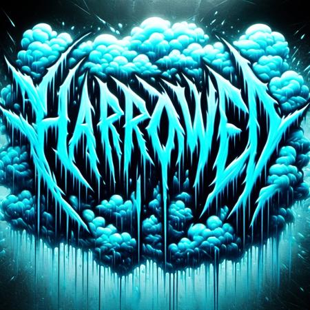 HarroweD text logo, cyan, neon, dripping, clouds