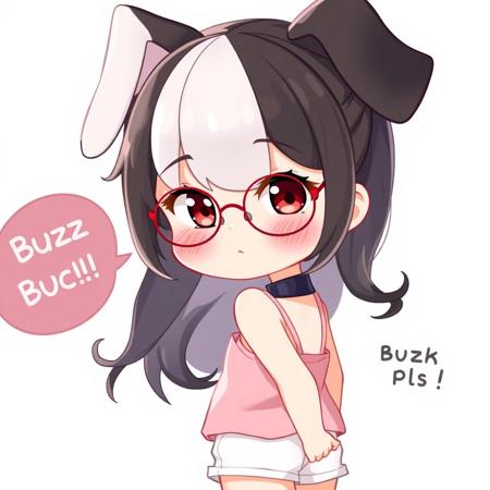 masterpiece, best quality, 3d, mrporty, absurdres, BREAK, frostbite, mrporty, 4RC4N3 Style score_9, score_8_up, score_7_up, BREAK, 1girl, little girl, child, solo, cute, innocent, (black and white hair, bicolor hair)), blushing, long hair, dog ears, wavy hair, red eyes, hair over eyes, freckles, eyes half closed, glasses, thick leather collar, spaghetti straps, pastel pink clothes, pastel theme, standing, , full_body, looking back at viewer, kawaii back ground, white short shorts, buzz pls, speech bubble, ((begging)),
