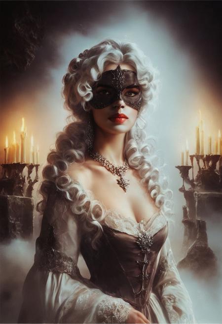score_9, score_8_up, score_7_up, rating_safe, concept art, realistic, dark theme, low light, dvr-gs, 1girl, solo.
long dress, Diamond necklace. 
HAROQUE2. curly ((white)) hair.
mask.
medieval castle ballroom, haze, fog, candles, incense.