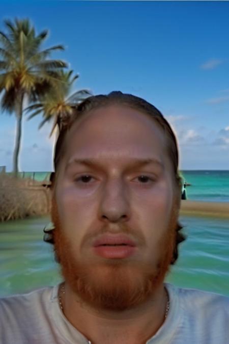 (upper body and face of <ffurian> male character 1.5), (pose: pointing finger into the sky 1.7), (ffurian man with beard 1.1), (ffurian wearing white t-shirt 1.0), (brazilian beach, palm trees background 0.6), (ffurian man with beard 1.1), (sunny weather 0.4) BREAK Weirdcore (y2k aesthetic 0.8), ms paint style, 3d render, half0ster, VHS, VHS footage of, balenciaga, photo \(medium\)