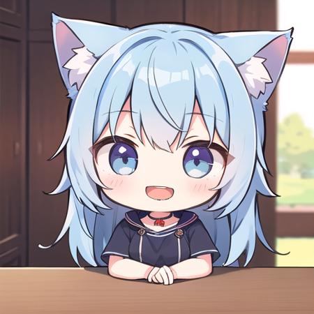 <lora:talkmouth_E_v100:1> open mouth, (front view,:1.4) cat ear, 1girl, (chibi:1.4), smile, closed mouth, upper body, standing, , blue hair, indoors