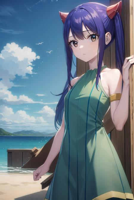 wendymarvell, <lora:wendy marvell-lora-nochekaiser:1>,
wendy marvell, long hair, (brown eyes:1.5), (blue hair:1.5), hair between eyes, twintails, red hair ornament,
BREAK dress, sandals, (green dress:1.5), bare shoulders, armband, tattoo,
BREAK outdoors, forest, nature, sky, sun, clouds,
BREAK looking at viewer, (cowboy shot:1.5),
BREAK <lyco:GoodHands-beta2:1>, (masterpiece:1.2), best quality, high resolution, unity 8k wallpaper, (illustration:0.8), (beautiful detailed eyes:1.6), extremely detailed face, perfect lighting, extremely detailed CG, (perfect hands, perfect anatomy),