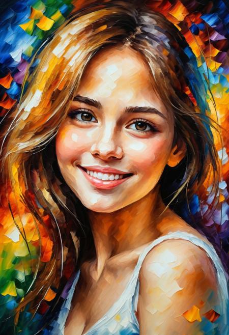 portrait of a yong beautifull girl in the style of Leonid Afremov, the painting reeks of warmth and love, soft smile