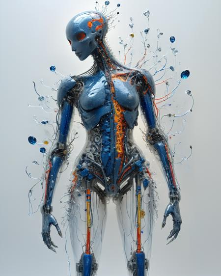 bioengineered creature with semi-transparent shiny skin of multiple colors, (detailed cybernetic implants fused with organic matter:0.5), (full body:1.8), sharp crystal clear, grey matter, circuits,  wire, transparency, white, (background with intensely vibrant colors:1.9), sapphire blue, contrast, lighting, realistic photo, <lora:add-detail-xl:1.0>,  <lora:Philippe Druillet Style:1> Philippe Druillet Style