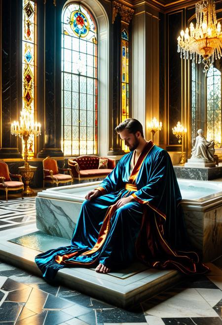 score_9, score_8_up, score_7_up,
masterpiece, 8K cinematic, hyperrealistic, very aesthetic, sharp focus, dynamic lighting, vivid colors. A lone, powerful man in a silk robe, half-reclining by an opulent stone bath in a Versailles-esque private SPA chamber. Giant crystal chandeliers sparkle above, stained-glass light casting vibrant patterns. He gently caresses a small baroque sculpture, a king momentarily at rest, lost in thought.
RetroBG, BadDream, aidmaimageupgrader, Newfantasycore, ng_deepnegative_v1_75t, negative_hand