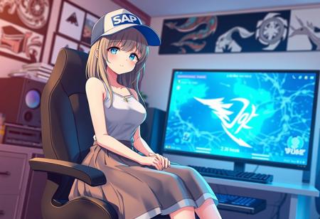 Beautifull anime girl in her gaming room. The girl sitting on the chair in skirt and cap on her head with logo SAP text. Smiling peacefully. High detail and an overall serene, masterpiece quality.