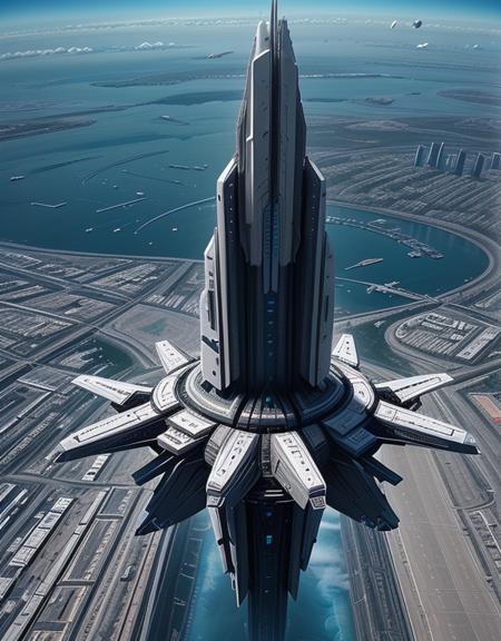 <lora:INWYTK_04:1> inwytk04, huge spaceship, far above ground, above clouds, visible futuristic city, roads, highways, sea, day, aerial view,