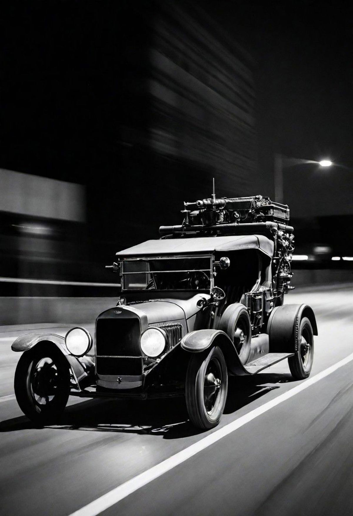 A Vintage Car with a Luggage Rack on the Roof, Driving on a Road at Night.