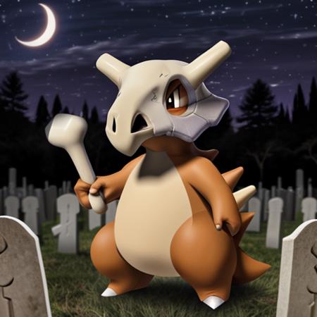 solo, pokemon (creature),( cubone:1.2), no humans, skull, claws,( bone:0.5), blurry background, cemetery, night, standing, focus on face, portrait,<lora:Cubone_-_Pokemon:1>