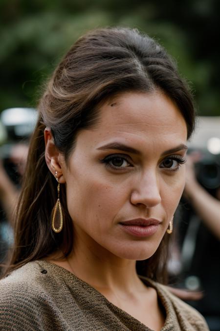 Realistic photo of a beautiful 4ng3l1n4j-v2 woman,  1girl, solo, long hair, looking at viewer, brown hair, shirt, black hair, jewelry, upper body, earrings, lips, realistic, soft lighting, professional Photography, Photorealistic, detailed, RAW, analog, sharp focus, 8k, HD, DSLR, high quality, Fujifilm XT3, film grain, award winning, masterpiece<lora:4ng3l1n4j-v2:1.0>