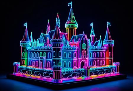 end_, neon, wires, made of wires, cables, outlined with wires and neon, neon outlines, wire sculpture, neon wire sculpture, no people, ultra detailed, 32k, UHD, vivid colors, high quality, sharp focus, castle.
