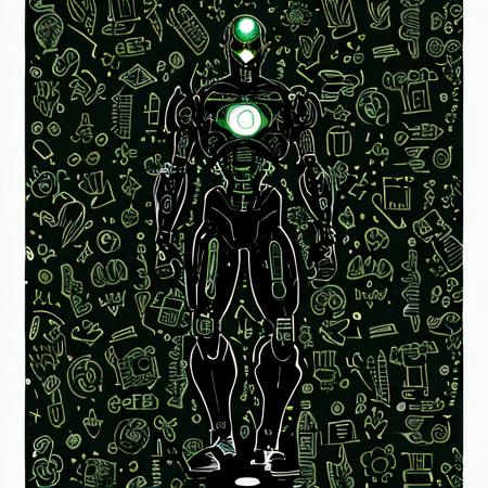 sympattern, green and black doodle pattern wallpaper, cyborg in a field