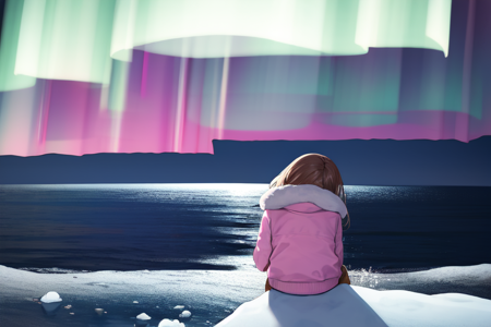 icnana, sitting, pink jacket, antarctic, aurora borealis 