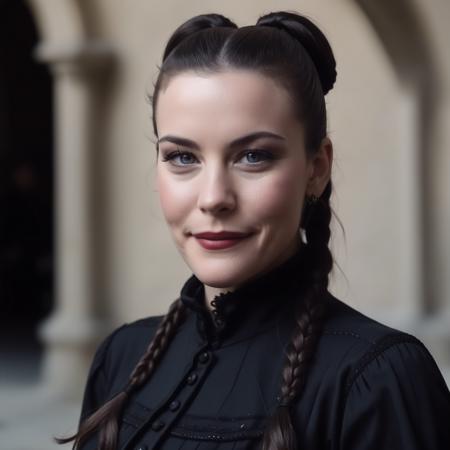 photo of (ohwx woman) as Wednesday Adamas, wearing gothic clothes, braided pigtails, in a castle, sharp focus, looking at the camera, makeup, cinematic look,  <lora:LivTyler:1>