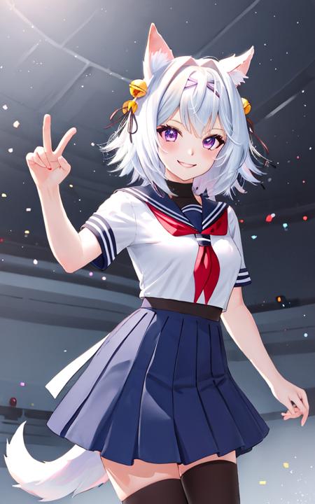 <lora:filian:0.8> masterpiece, best quality, 1girl, solo, filian, purple eyes, white hair, short hair, animal ears, hair bell, hairband, school uniform, blue skirt, tail, smile, looking at viewer