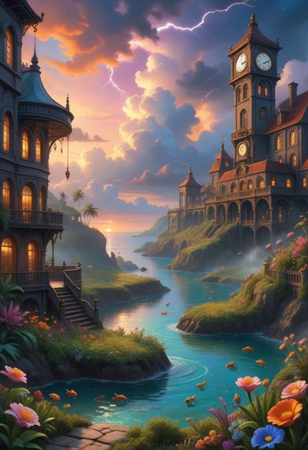 Sci-fi landscape
a vibrant swamp, featuring lush vegetation, croaking frogs, buzzing insects, and a lively atmosphere,
a calm open sea, with gentle waves, clear skies, and a distant horizon ,
Overcast sky Weather,
a sunset cloudscape, with the sky painted in hues of orange and pink, clouds glowing softly as the day transitions to night,
Lightning-illuminated landscape bursts,
Vernal equinox bird migrations,
,
Coral reefs floating in zero-gravity,
Aqueducts pumping liquid starlight,
,
Steampunk: (brass gears), (Victorian architecture), (smokey atmospheres), (clockwork details)
(masterpiece:1.4), (intricate details:1.4), (hyperrealistic:1.3),(painting:0.9),(ultra detailed:1.4), (8k resolution:1.3), (sharp focus), (dramatic perspective:1.1), (chromatic aberration:0.3), (film grain:0.2),
<lora:JuggerCineXL2:0.3>,
<lora:add-detail-xl:0.3>,
<lora:WildcardX-XL-Detail-Enhancer:0.4>,
<lora:xl_more_art-full_v1:0.7>,
<lora:ClassipeintXL2.1:0.3>,
<lora:Flux-XL_Scenery:0.3> flux-scenery ,
<lora:EnvyDramaticLightingXL01:0.7>
detailxl,