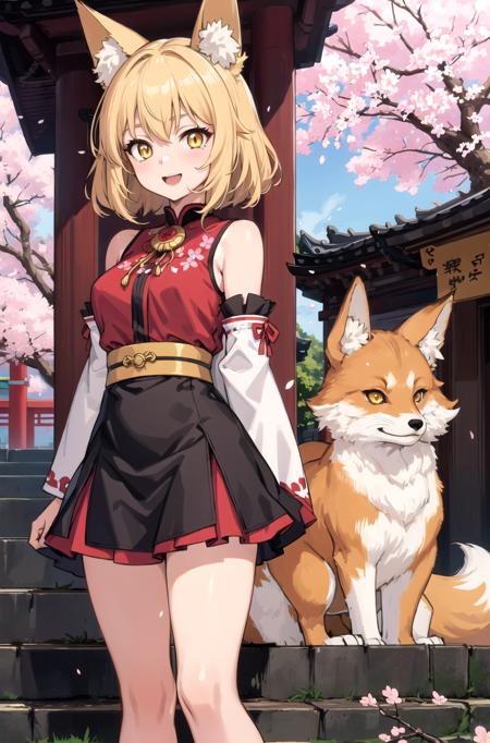 masterpiece, best quality, 1girl, yellow eyes, medium hair, stairs, cherry blossoms, temple, fox girl, detached sleeves, animal ears, happy, arms behind back,