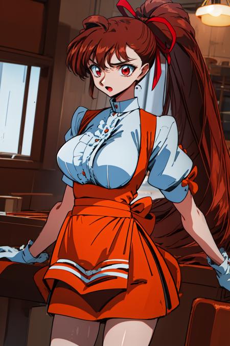 1girl, (cowboy shot:1.2), standing, serious, open mouth, (restaurant:1.2),
vg_yuuka, red eyes, brown hair, very long hair, long hair, ponytail, high ponytail, bangs, red ribbon, hair ribbon, large breasts, breasts, white gloves, waitress, short sleeves, white shirt, orange skirt, <lora:VG_Yuuka_lora_ver2:0.8>, best quality, masterpiece, highres, <lora:GoodHands-vanilla:1>