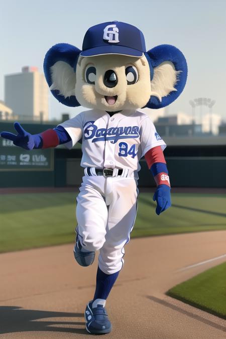 doala,  mascot ,baseball cap,baseball uniform,open mouth,looking at viewer,baseball stadium,jumping  <lora:epoch-000100:0.7>