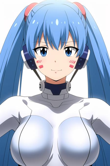 Simple White Background,
white and blue bodysuit, pilot suit, robot ears, 
<lora:Hermit_Mio_EdensZero-KK77-V1:0.7>, headset,
bangs, blue eyes, blue hair, twintails,
<lora:Oda_Non_Style-KK77-V2:0.1>,<lora:more_details:0.1>,
1 girl, 20yo,Young female,Beautiful Finger,Beautiful long legs,Beautiful body,
Beautiful Nose,Beautiful character design, perfect eyes, perfect face,expressive eyes,perfect balance,
looking at viewer,(Focus on her face),closed mouth, (innocent_big_eyes:1.0),(Light_Smile:0.3),
official art,extremely detailed CG unity 8k wallpaper, perfect lighting,Colorful, Bright_Front_face_Lighting,White skin,
(masterpiece:1.0),(best_quality:1.0), ultra high res,4K,ultra-detailed,
photography, 8K, HDR, highres, absurdres:1.2, Kodak portra 400, film grain, blurry background, bokeh:1.2, lens flare, (vibrant_color:1.2),professional photograph,
(Beautiful,large_Breasts:1.4), (beautiful_face:1.5),(narrow_waist),