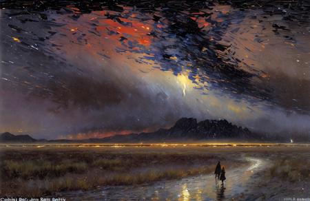 gothic, dark sky, (impressionism:1.05), salt flat, (john berkey:1), rural, scenery,a painting,scene painting,