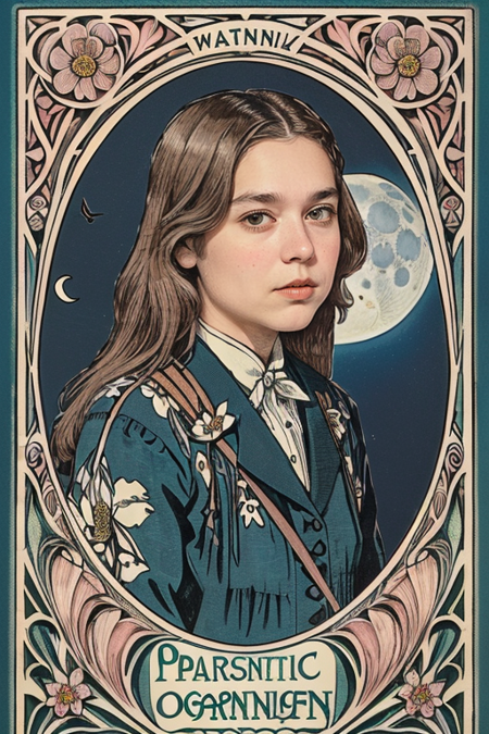 SnailMail, ((Art Nouveau style portrait, moonlit Parisian garden, flowing natural lines, organic forms, period attire, intricate floral patterns:1.3))