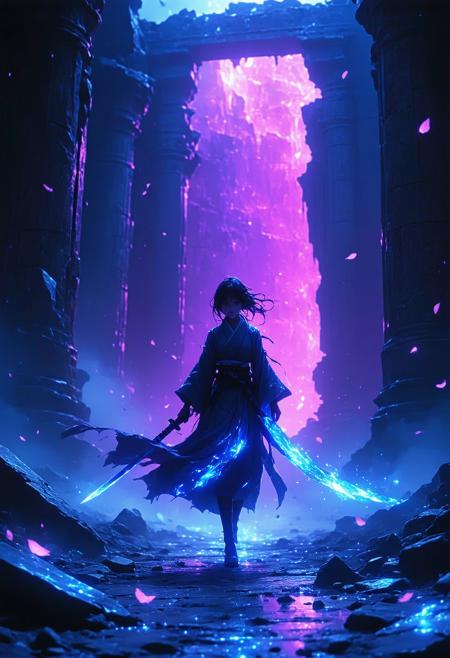 Medium close-up, Dutch angle: Rukia strides through a shattered neon-lit shrine, Sode no Shirayuki trailing comet-like ice particles. Her obsidian shihakushō glitches with holographic frost, fractal patterns reacting to her heartbeat. Studio Khara’s cinematic dynamism meets Katsuya Terada’s ink-wash textures—arctic cobalt and void-black bleed into neon magenta. Bioluminescent sakura petals orbit her, disintegrating where her aura flares. Mood: elegant apocalypse. Subzero breath crystallizes into circuit-board patterns; her shadow morphs into a snarling ice dragon. Backlighting fractures through her blade, casting prismatic glyphs on crumbling stone.