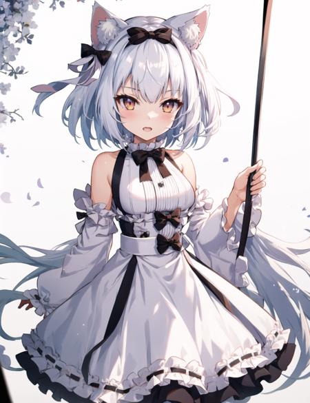 1girl, cowboy shot, 
yukikaze \(sovereign of the swing\) \(azur lane\), dress, bow, white hair,  medium breasts
 ,<lora:yukikaze_sovereign of the swing:1>, masterpiece, best quality,