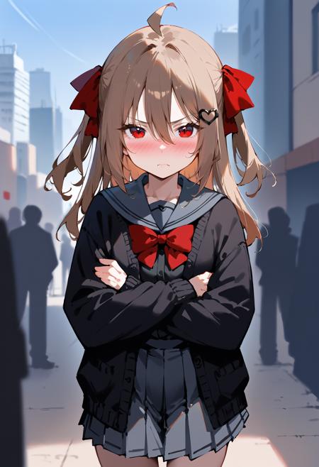 Evil Neuro-sama,1girl, red eyes, hair between eyes, brown hair, ahoge 1girl, red eyes, pleated skirt, heart hair ornament, black sailor collar, red bow, two side up, open cardigan, black serafuku, hair between eyes, brown hair, ahoge, black shirt, open clothes, black skirt, long sleeves, hair bow, grey skirt, hair ribbon, grey sailor collar, black cardigan, red ribbon, hairclip, open jacket