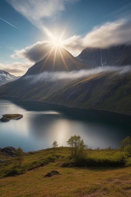 RAW photo, Norway, dream nature, primeval wild, picturesque forest, bright clouds, beautiful sky, sun, epic landscape, spring lake, colorful scenery, desolate atmosphere, realistic, masterpiece, 8k resolution, ultra detailed, vivid colors, high quality,