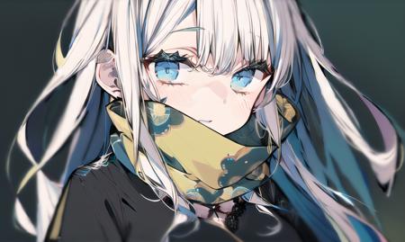 finely detail, Depth of field,best quality, illustration,highres,intricate detail, an extremely delicate and beautiful,
1girl, long hair, shirt, yellow shirt, (namess koishi:0.4), disheveled hair, breasts black jacket, black sleeves,white hair, green scarf, blue eyes, ,upper body, <lora:20240107-1704597280257-0002:0.5>