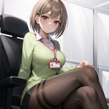 2d, masterpiece, best quality, anime, highly detailed face, highly detailed eyes, highly detailed background, perfect lighting, full body, 1girl, solo, harusaki nodoka, collared shirt, green sweater, black skirt, pantyhose, id card, embarrassed, smile, sitting, office chair, on chair, monitor <lora:nodoka-09:1>