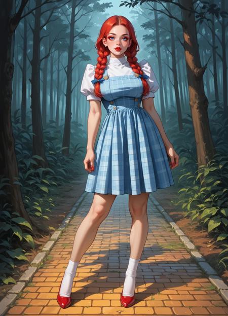 hud_drthy_drss, blue dress, pinafore dress, short puffy sleeves, plaid red high heels white socks