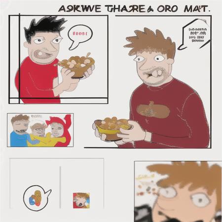 <lora:sbahj-28:0.8> comic, multiple boys, cereal, cereal bowl, cereal box, speech bubble