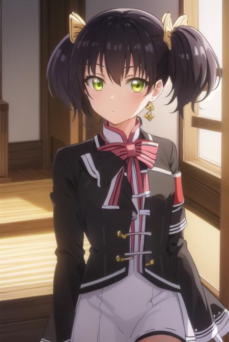 kochouwang, <lora:kochou wang s1-lora-nochekaiser:1>,
kochou wang, short hair, black hair, twintails, (green eyes:1.3),
BREAK thighhighs, long sleeves, dress, bow, ribbon, jewelry, earrings, black thighhighs, sleeves past wrists, chinese clothes, armband, sleeves past fingers,
BREAK indoors, classroom,
BREAK looking at viewer, (cowboy shot:1.5),
BREAK <lyco:GoodHands-beta2:1>, (masterpiece:1.2), best quality, high resolution, unity 8k wallpaper, (illustration:0.8), (beautiful detailed eyes:1.6), extremely detailed face, perfect lighting, extremely detailed CG, (perfect hands, perfect anatomy),