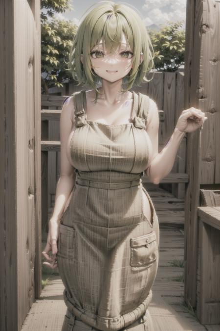 burlap overalls, smile, town, large breasts, wide hips, bob cut, (green hair), white pupils, <lora:Burlap V3:0.6>