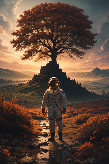 "Floral Astronaut", luminous mesmerizing colors, a blend of different landscapes, High Detail, old, surreal, casting gentle shadows and creating a warm ambiance. The color scheme consists of neutral tones and earthy colors, cultures, shining stars, tree, dramatic lighting, hdr, Antonio Moro, (masterpiece)