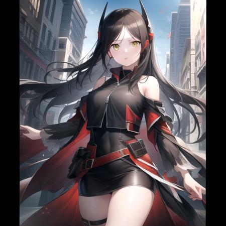 ((masterpiece)),(best quality),official art,extremely detailed CG,unity 8k wallpaper,ultra detailed,1girl,solo,cowboy shot,black_hair,long_hair,looking_at_viewer,yellow_eyes,bare_shoulders,breasts,black_footwear,knee_boots,thighs,bangs,headgear,black_dress,parted_bangs,detached_sleeves,long_sleeves,belt,<lora:Ines(ark)>,