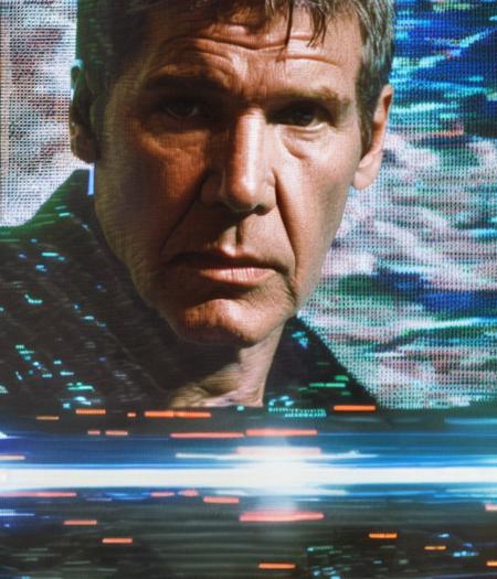 glitch, close-uo portrait of young Harrison Ford as Deckard, Blade Runner 1 9 8 2 movie still,, heavy grain