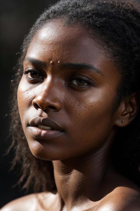 a close up of a woman, brown skin like soil, hyperrealistic teen, by Antoni Pitxot, epic music album cover, charcoal, graham humphreys, timid and vulnerable expression, a beautiful mature-aged woman, smooth shaded --v 5. 1 --ar 3:4