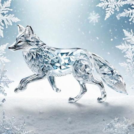 8x, highly detailed, a  beautiful translucent crystal fox running through a field of snow and ice, clear crystals, winter wonderland, FrostedStyle,