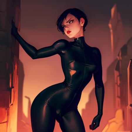 Ashi , short black hair, pointy hair, red lipstick,black eyes, serious expression,  cowboy shot, 
Asui,black bodysuit,skin tight, 
dark caves, red lighting, dark corners,
(insanely detailed, beautiful detailed face, masterpiece, best quality)
<lora:Ashi:0.8>