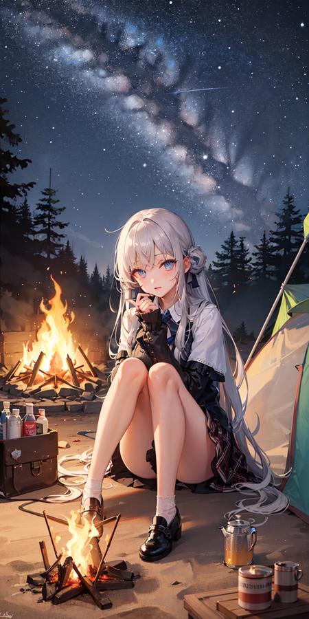 ((masterpiece,best quality)),(negative space),(1girl),beautiful detailed eyes,night sky, starry sky, campfire, camping,